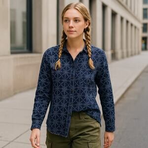 Carve Designs L Indigo Geo Print Shirt — Raw-Edge Hem, Long Sleeve, Button Front